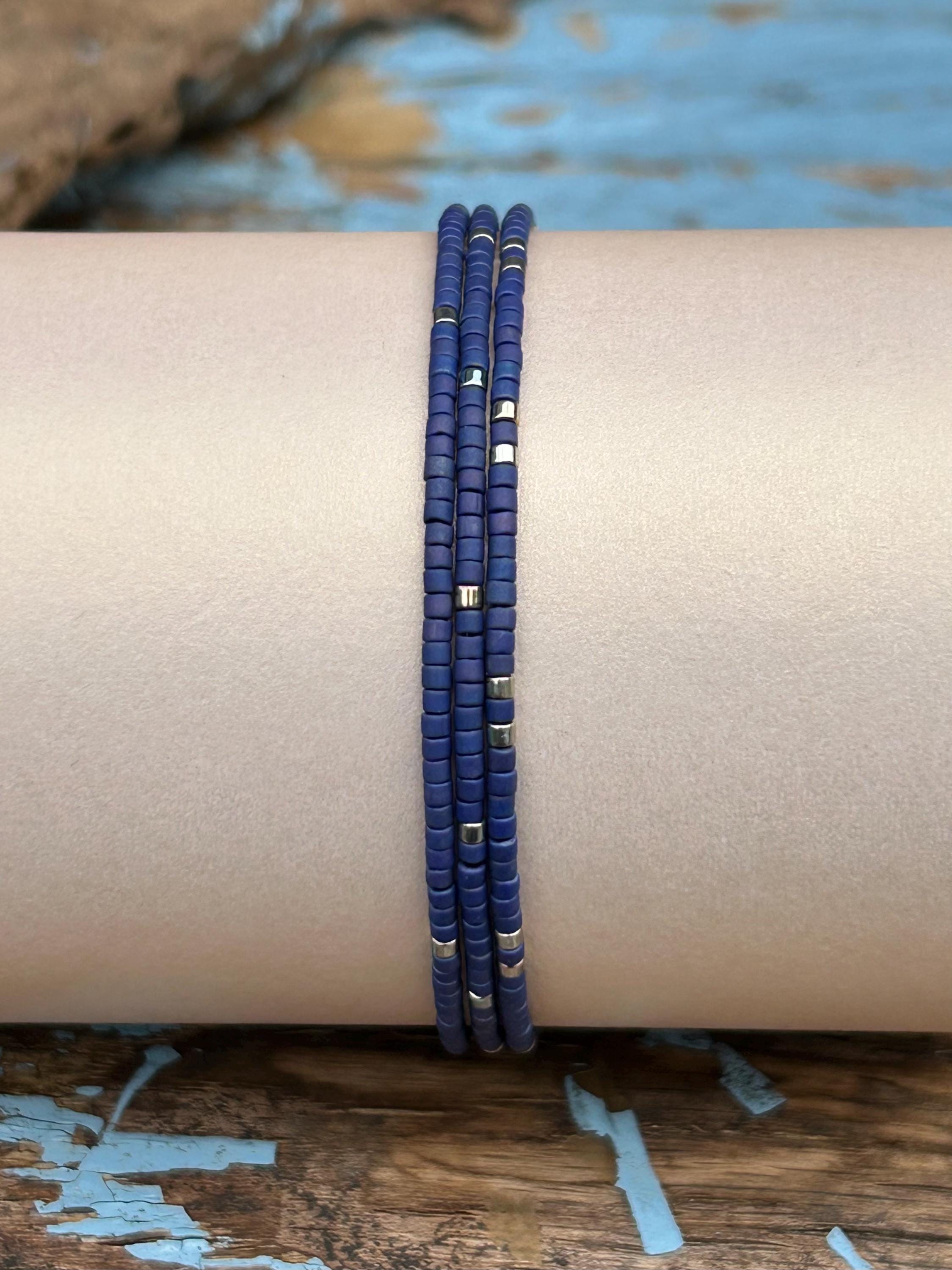 Handmade blue glass seed bead bracelet with silver accents by Seed and Soul Artistry