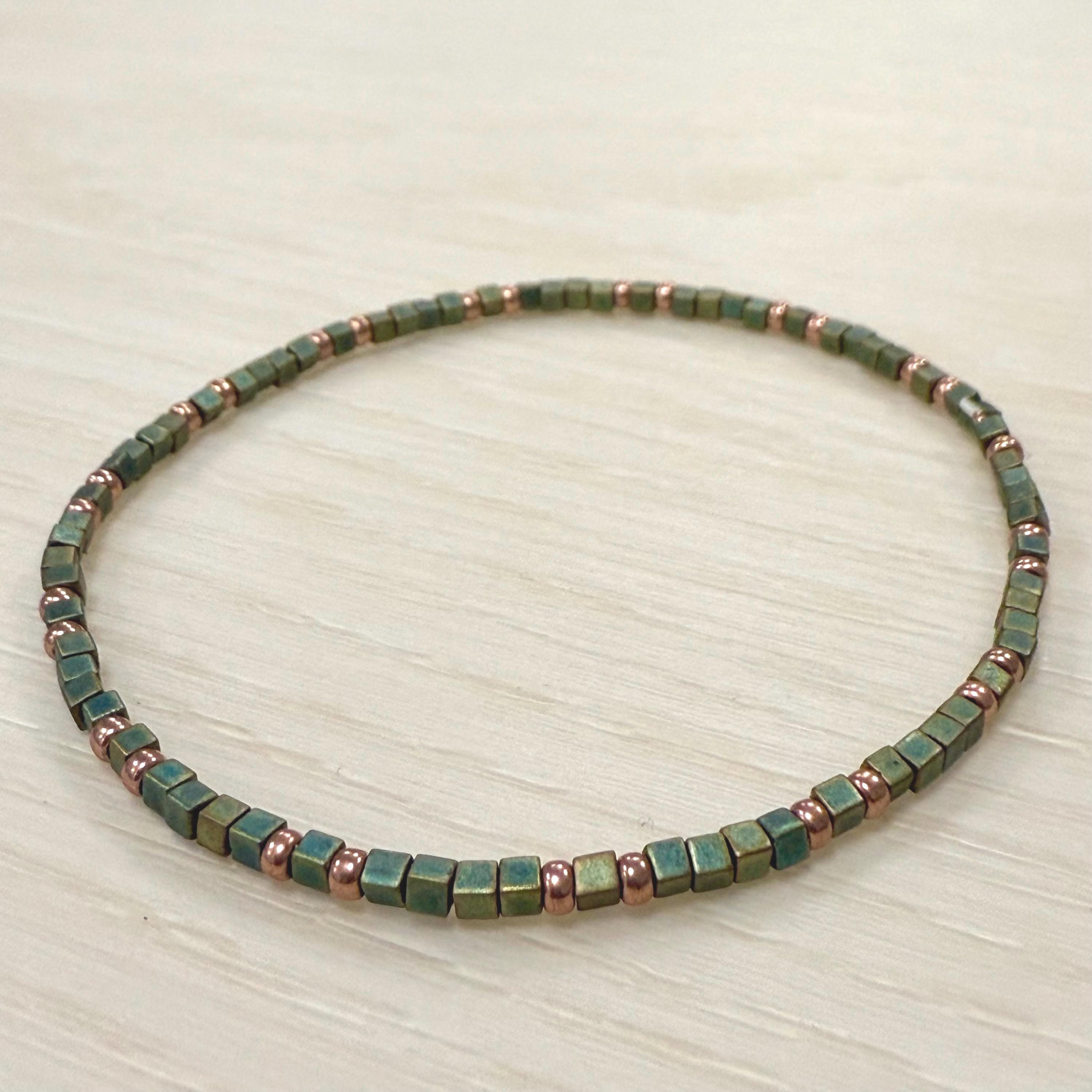 Miyuki Seed Bead Bracelet - Green Patina and Copper