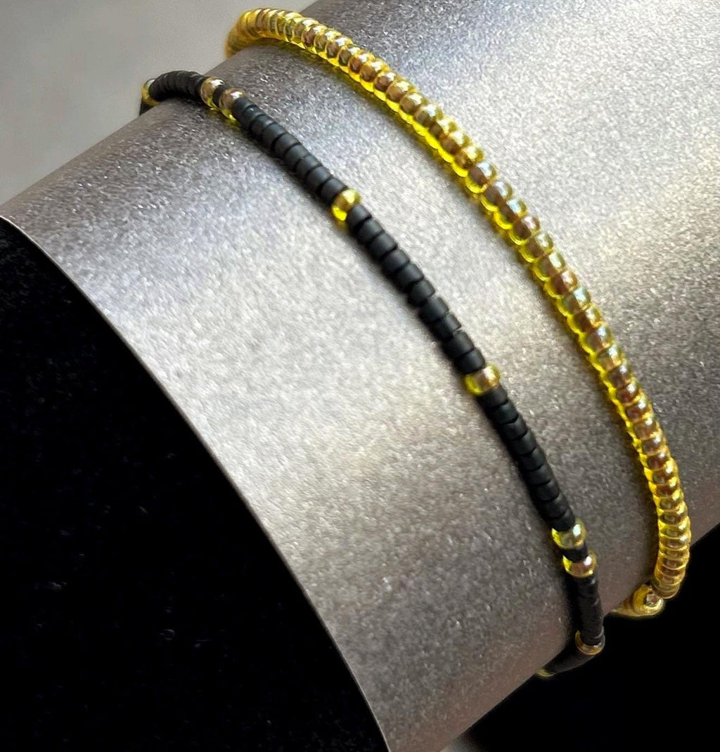 Miyuki Seed Bead Bracelets - Black Chartreuse Yellow - Set of 2