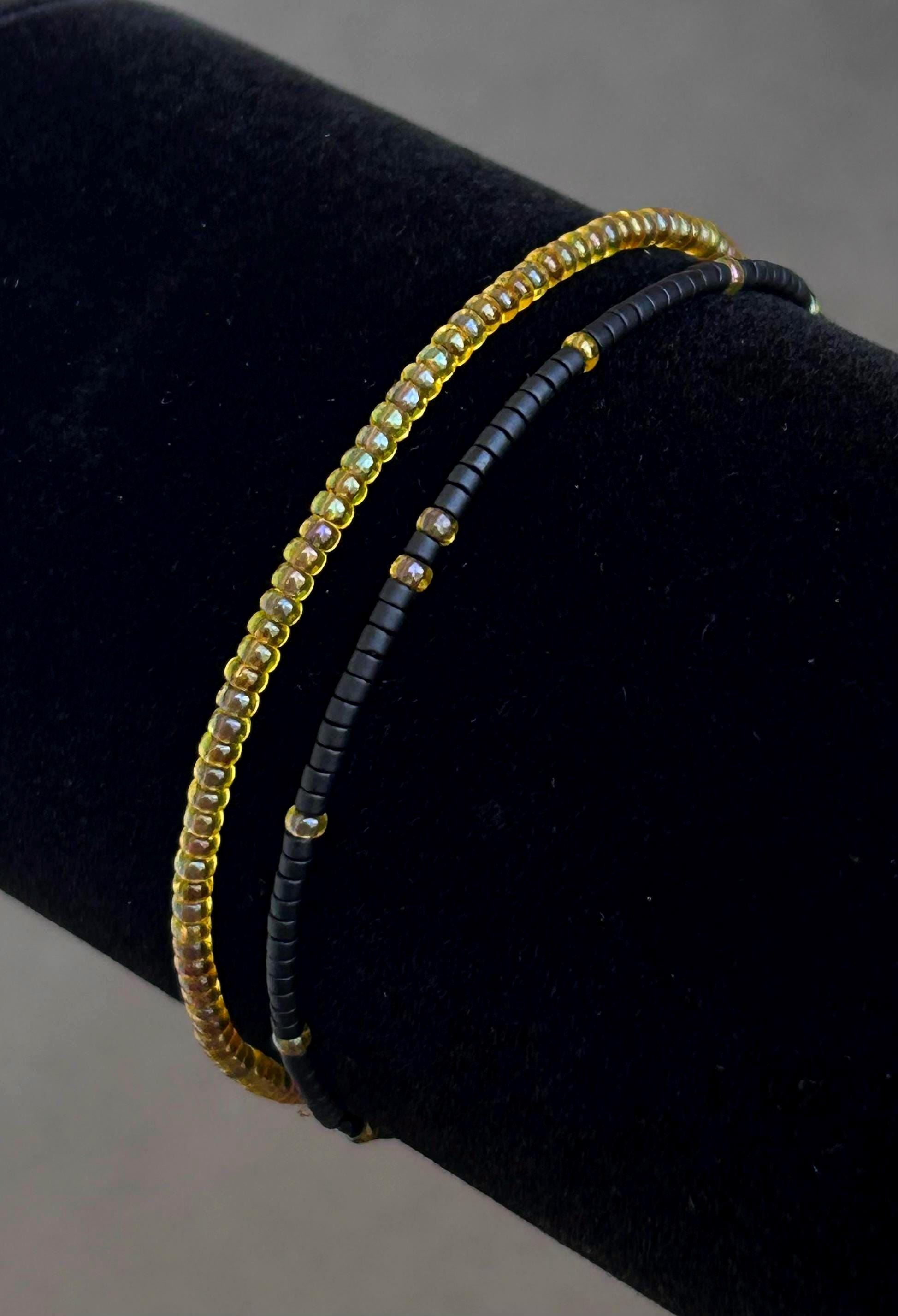 Miyuki Seed Bead Bracelets - Black Chartreuse Yellow - Set of 2