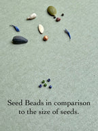 Assorted natural seeds and small glass seed beads on matte surface, seed bead size comparison.