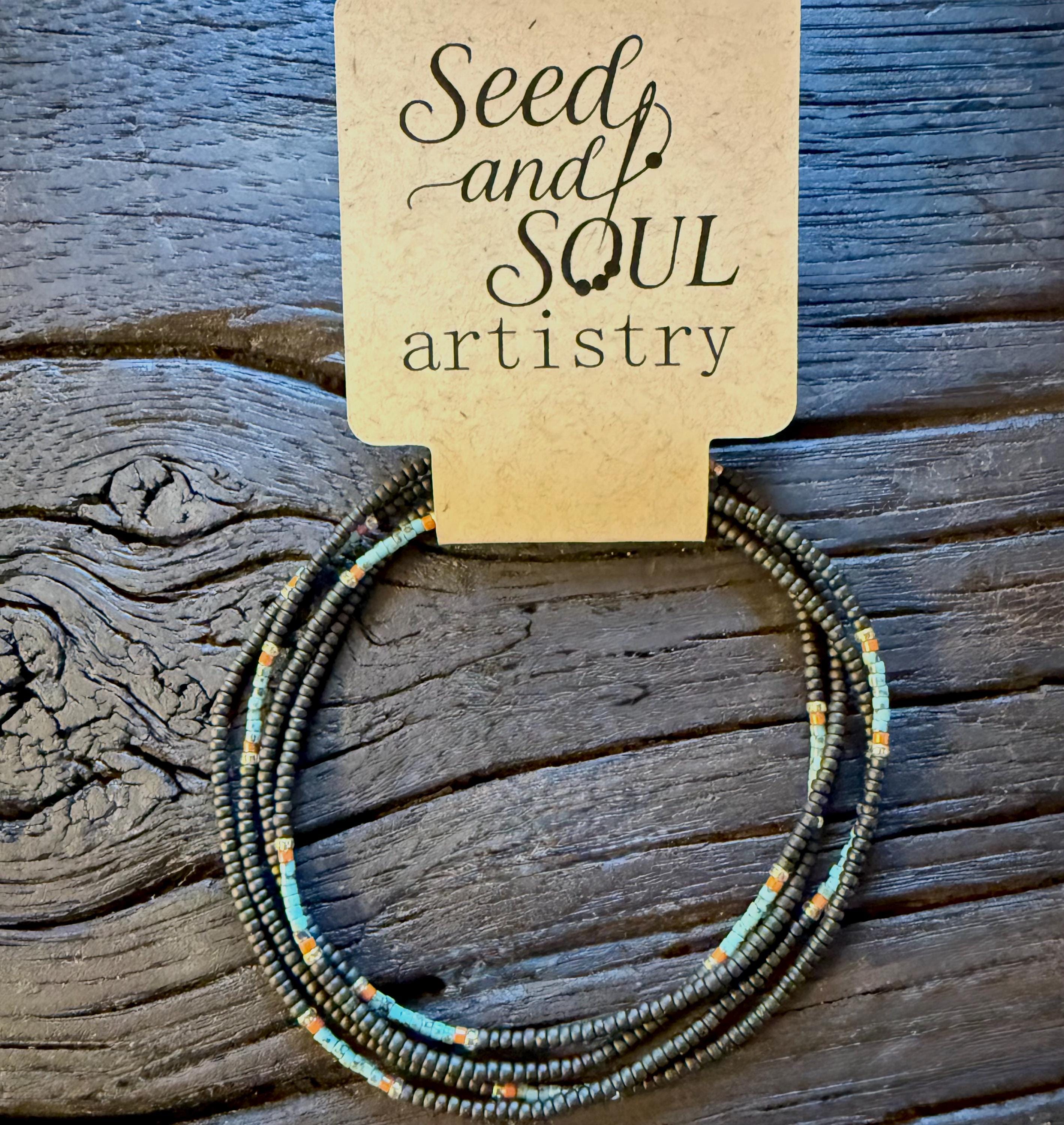 Miyuki Seed Bead Wrap Bracelet - Brown, Turquoise, Silver