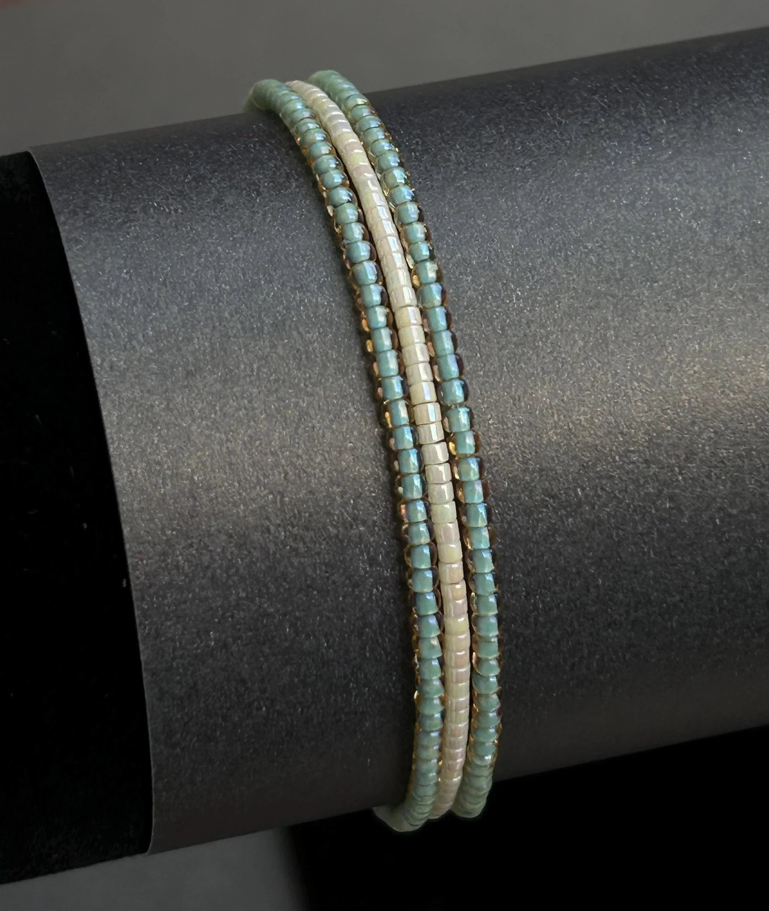Handmade glass seed bead bracelet in soft blue and cream, Seed and Soul artistry jewelry