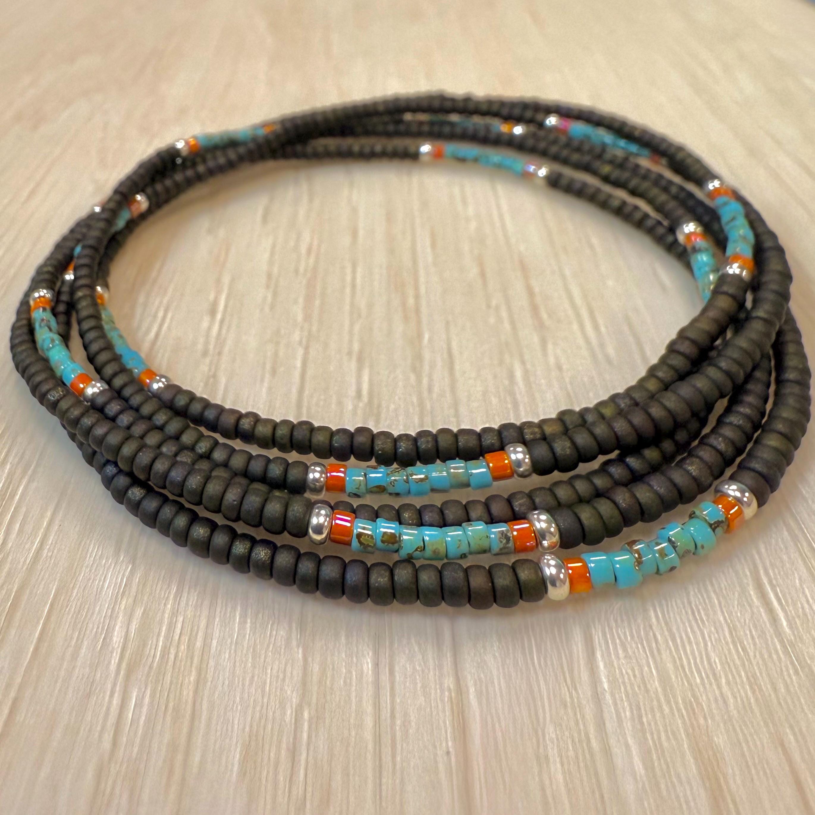 Miyuki Seed Bead Wrap Bracelet - Brown, Turquoise, Silver